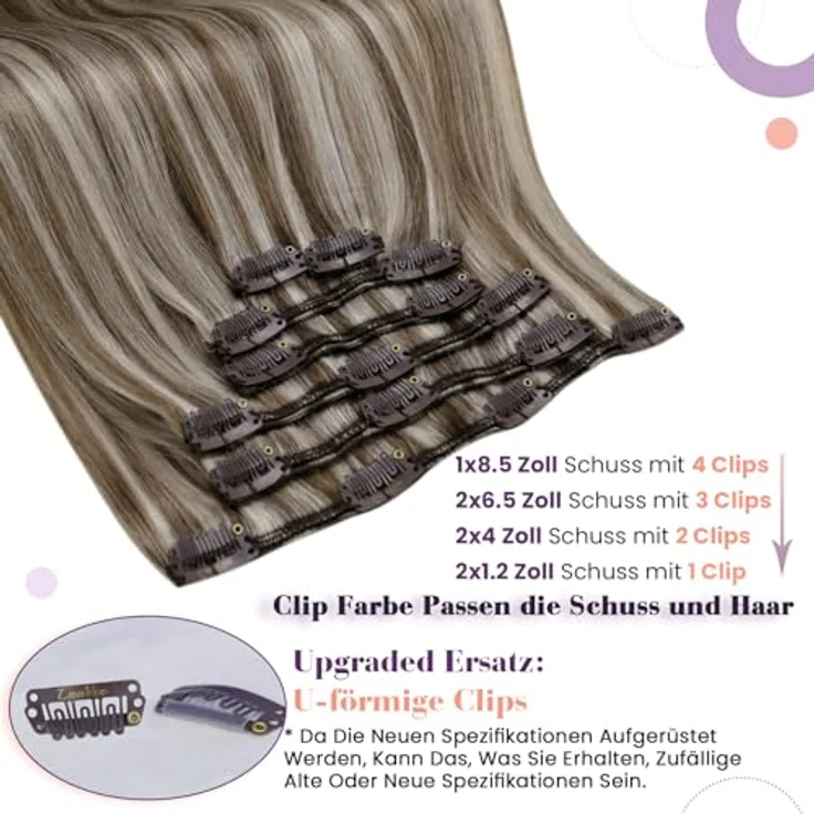LaaVoo Haarverlängerung Clip in, Echthaar 7 Stück/105 g, 45 cm, doppelt, Weft Highlight, hellbraun/platinblond, Unisex – Bild 2