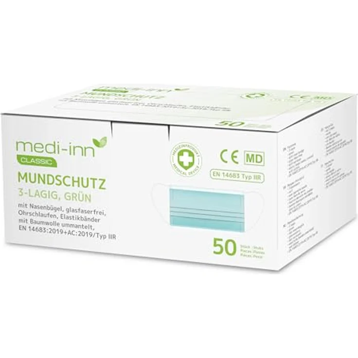 50 ''Medi-Inn'' Mundschutz Type IIR, 3-lagig 9 cm x 17,5 cm grün Nasenbügel, m... – Bild 2