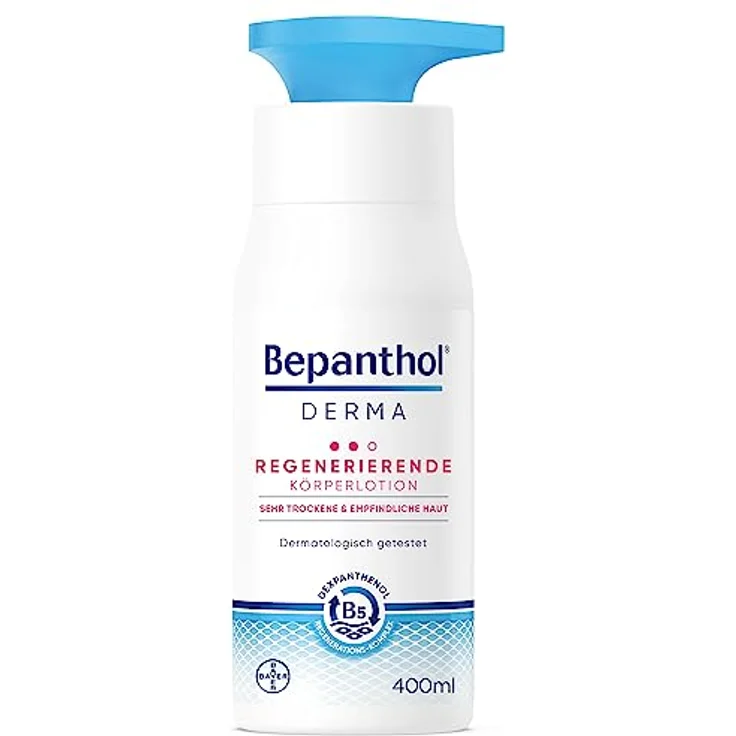 Bayer Vital GmbH Bepanthol Derma regenerierende Körperlotion, 400 ml, für sehr trockene und empfindliche Haut, ohne Duftstoffe, 90% natürliche Inhaltsstoffe – Bild 1