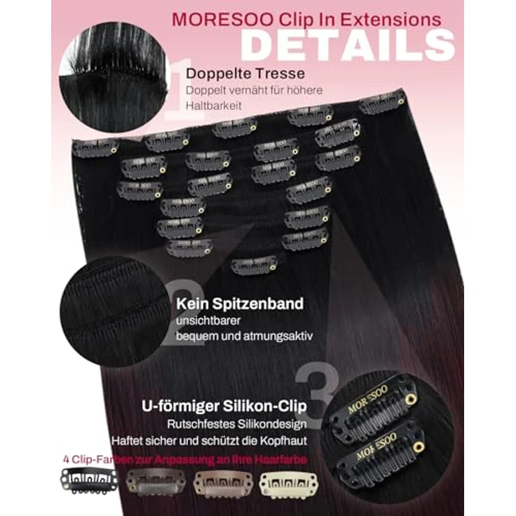Moresoo Clip in Extensions Echthaar 60 cm, 7 Stück 120g, Schwarz und Weinrot #1B/99J, Weiches Glattes Haar, Salon Qualität, Langlebig und Leicht zu Tragen – Bild 4
