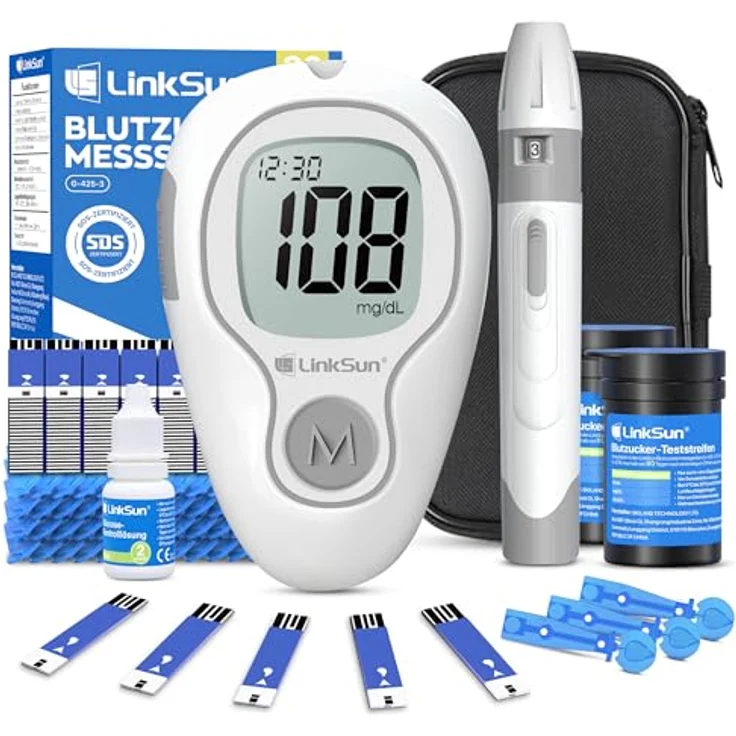 LinkSun Blutzuckermessgerät G-425-3, inkl. 100 Teststreifen & Lanzetten, automatische Aktivierung, kodierungsfrei, 500 Speicherplätze, sanfte Blutentnahme – Bild 1