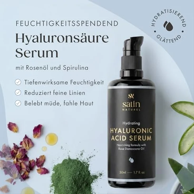 Satin Naturel Bio Hyaluron Serum hochdosiert, veganes Anti-Falten Serum mit Spirulina und Bio Aloe Vera, 50 ml – Bild 3