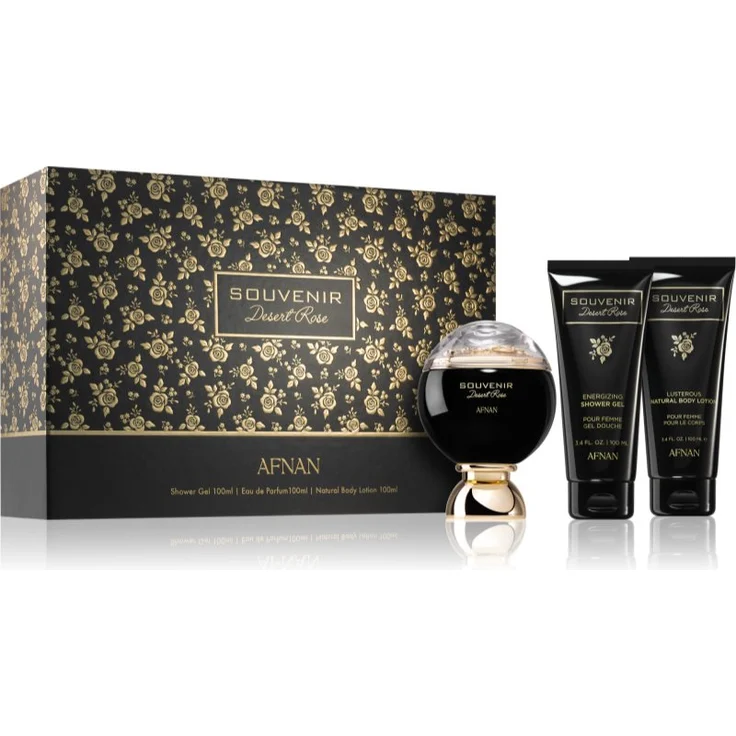 Afnan Souvenir Desert Rose Geschenkset für Damen, Duftset mit 100 ml Eau de Parfum, 100 ml Duschcreme und 100 ml Bodylotion, luxuriöse Kosmetik-Accessoires