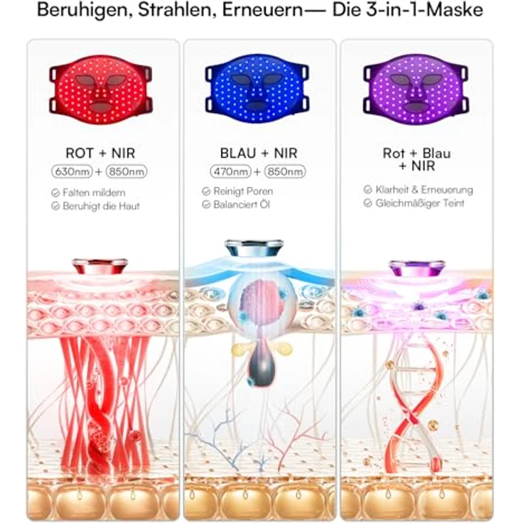 INIA GLOW LED Gesichtsmaske, Rotes & Blaues Licht, 220 LEDs, 3 Modi, Wiederaufladbarer Akku, Timer 10–30 Min, Abschaltautomatik – Bild 2