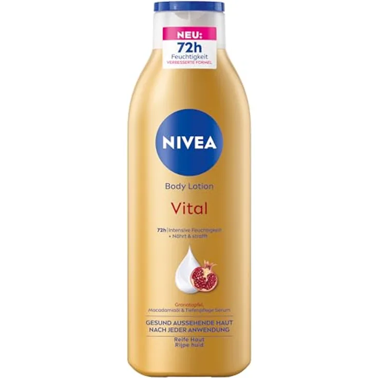 NIVEA Vital Body Lotion, nährende Körpercreme für reife Haut mit Granatapfel, Macadamiaöl & Tiefenpflege Serum, 250 ml, 72h intensive Feuchtigkeit