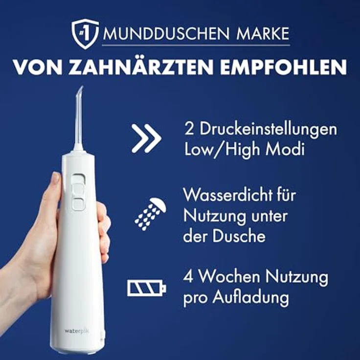 Waterpik Pulse, kabellose Munddusche mit 99,9% Plaque-Entfernung, 2 Intensitätsmodi, 45 Sekunden Wassertank, 2 Aufsätze, weiß – Bild 5