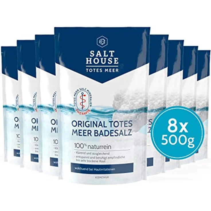 SALTHOUSE® Original Totes Meer Therapie Badesalz PUR 8er-Pack I Löst Hautschuppen I Bindet Feuchtigkeit I Reich an Mineralsalzen I vegan I Hautverträglichkeit dermatologisch bestätigt (8x500 g) - Preisvergleich – Bild 1