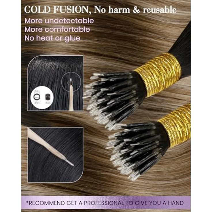 LaaVoo Balayage Echthaar Nanoring Extensions 35 cm, Dunkelstes Braun mit Mittel Braun und Aschblond, Cold Fusion Ombre, 50 Stück/Set – Bild 3