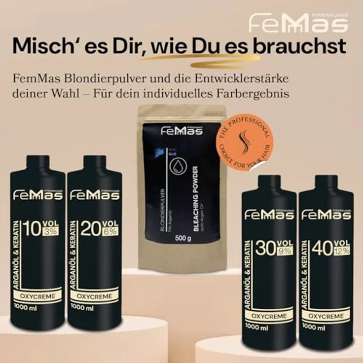 FemMas Blondierungspulver Set 500g & Entwickler 6% 1L, staubfrei, mit Arganöl, für gleichmäßige Blondierung bis zu 7 Tonstufen in Salonqualität – Bild 3