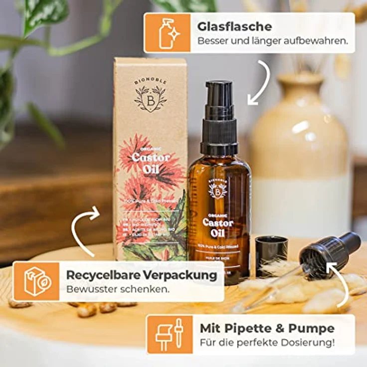 Bionoble Rizinusöl Bio 50ml - 100% Rein, Natürlich und Kaltgepresst - Wimpern, Augenbrauen, Haare, Bart, Nägel - Vegan und Cruelty Free - Castor Oil - Glasflasche + Pipette + Pumpe – Bild 4