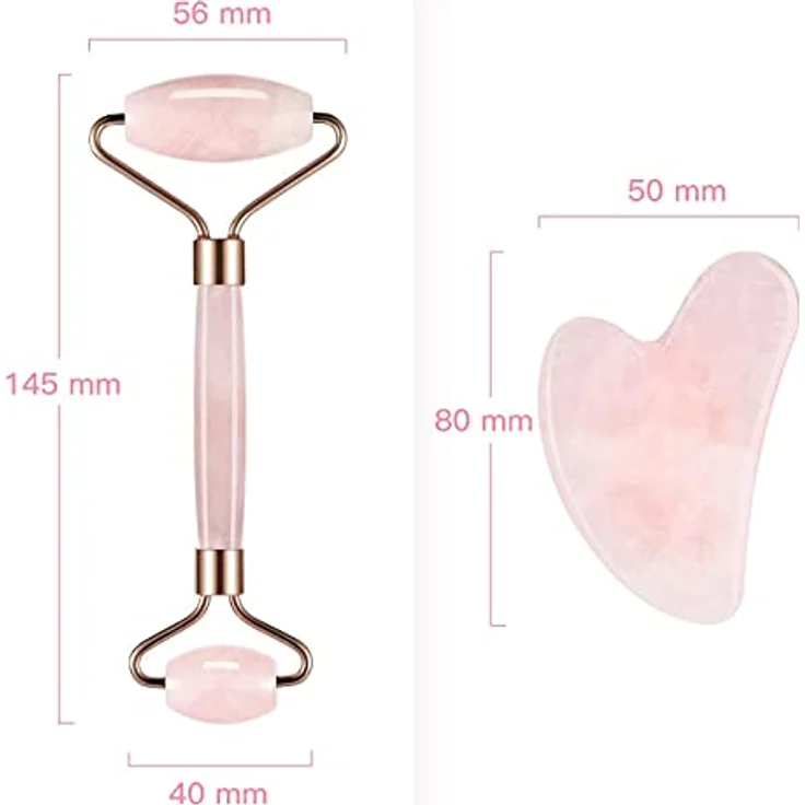 cofi1453 Massageroller & Gua Sha Set, 3-teiliges Beauty-Set aus Rosenquarz, gegen Falten & Schwellungen, fördert Durchblutung, unterstützt Lymphdrainage – Bild 6