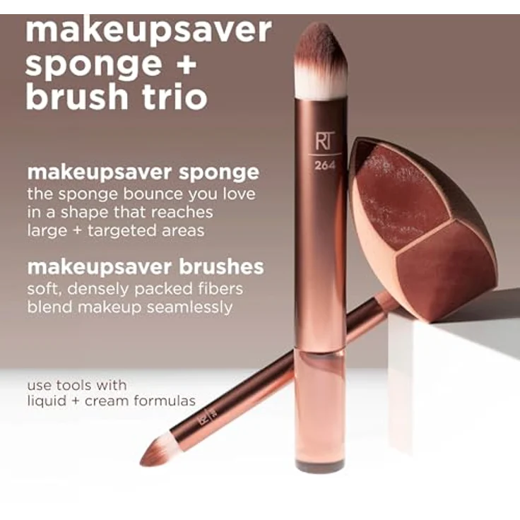 Real Techniques Makeupsaver Schwamm + Pinsel Trio, Make-up Blending Schwamm & Pinsel für flüssige & Cremeformulierungen, imitiert Fingeranwendung & reduziert Make-up-Abfall, tierversuchsfrei & – Bild 3