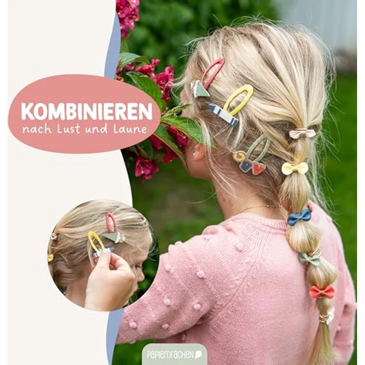 Papierdrachen 48-teiliges Set Haarspangen und Haargummis, langlebig und robust mit Glitzer und Stoffbezug, für lange und feine Haare, Schul-Applikationen in bunten Farben – Bild 4