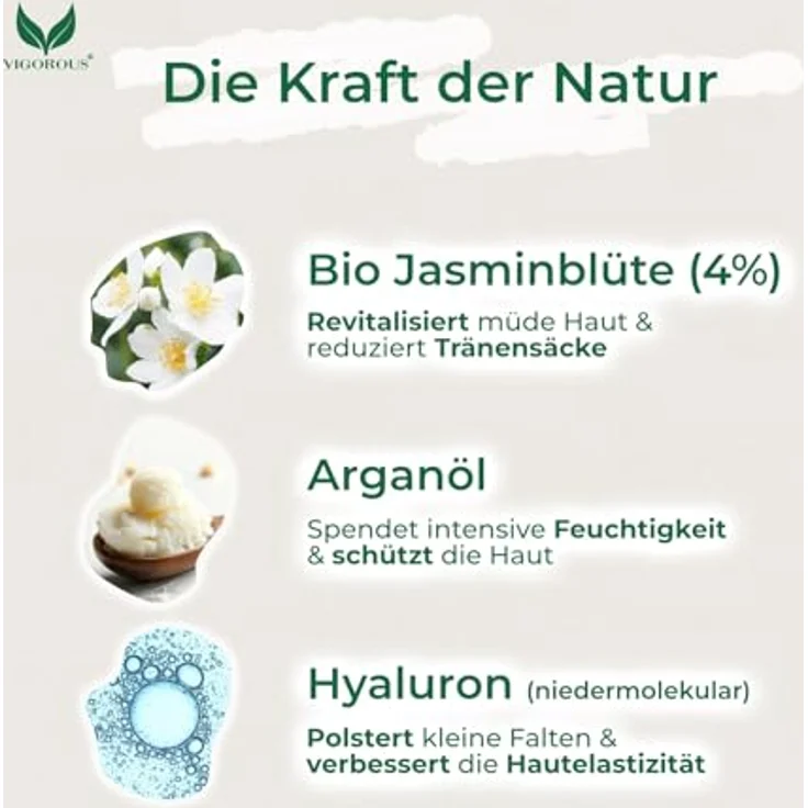 Vigorous® Jasminsalbe Augen 100ml, Augencreme mit BIO-Jasmin gegen Augenringe, Schlupflider, Tränensäcke & Schwellungen, für Damen & Herren – Bild 3