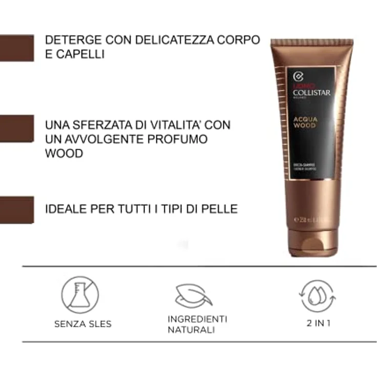 Collistar Acqua Wood Duschgel-Shampoo für Männer, reinigt Körper und Haare, pflegt und spendet Feuchtigkeit, ohne SLES, 250 ml – Bild 2