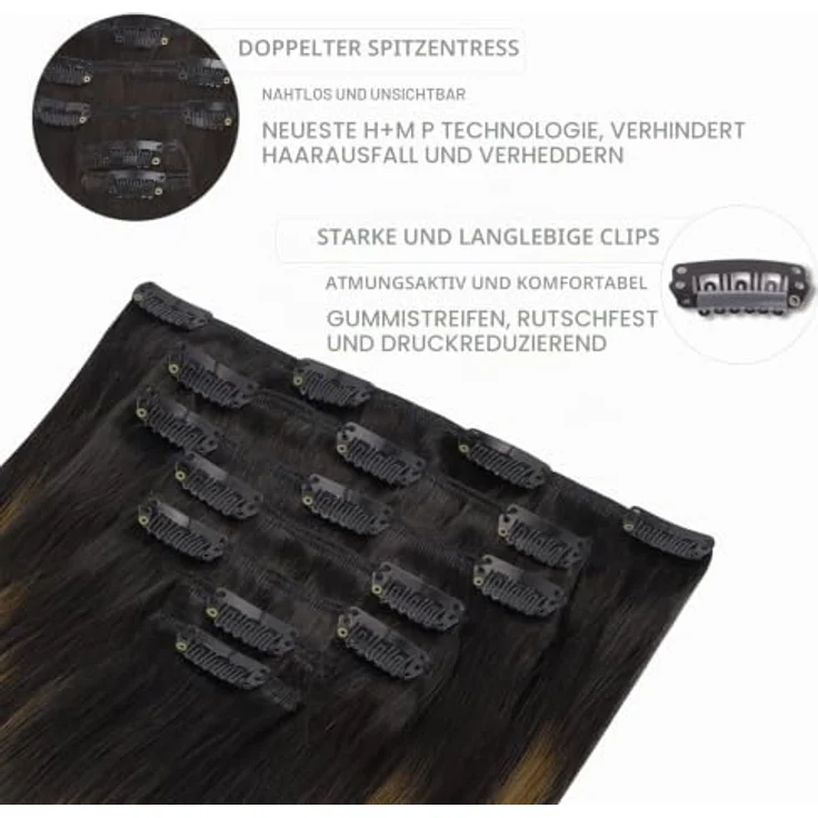 WENNALIFE Clip in Extensions Echthaar, 55cm 120g 7pcs Balayage Schwarz bis Chestnut Braun, Remy Haarverlängerung mit leichten Clips – Bild 3