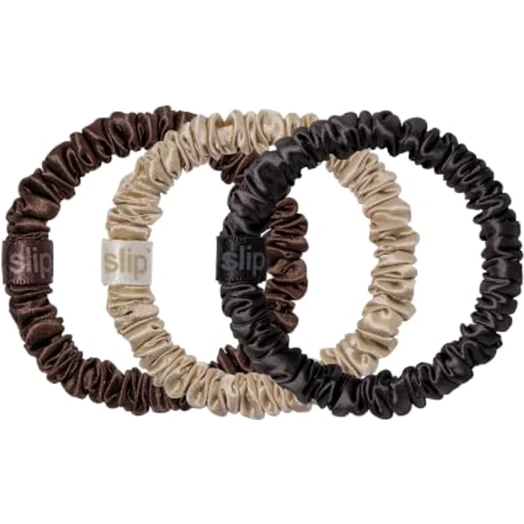 Slip Pure Silk Skinny Scrunchie Trio, Set aus 3 Seiden-Haargummis in Schwarz, Schokolade und Blond – Bild 2