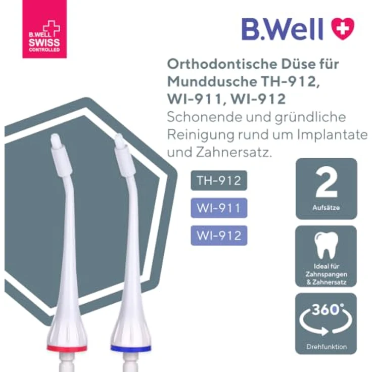 B.WELL TH-912, Orthodontische Düse mit integrierter Bürste, 2er Pack zur gründlichen Reinigung von Zahnspangen und Zahnersatz – Bild 2