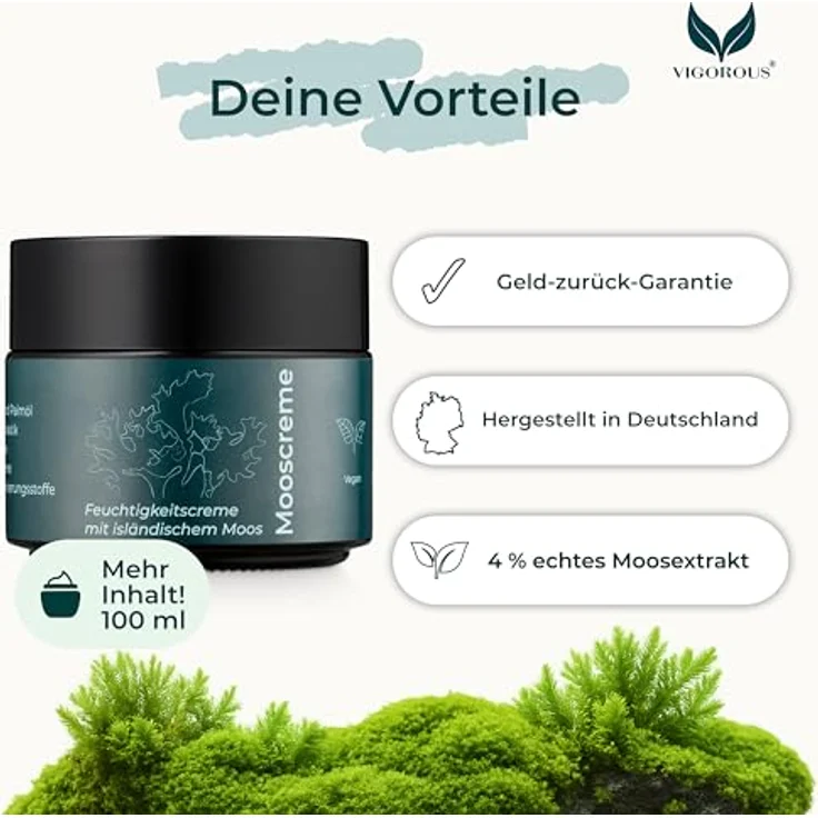 VIGOROUS® Moossalbe Antifaltencreme 100ml mit Hyaluronsäure – Naturkosmetik zur Hautverjüngung für Damen & Herren – Vegane Feuchtigkeitscreme Made in Germany – Bild 3