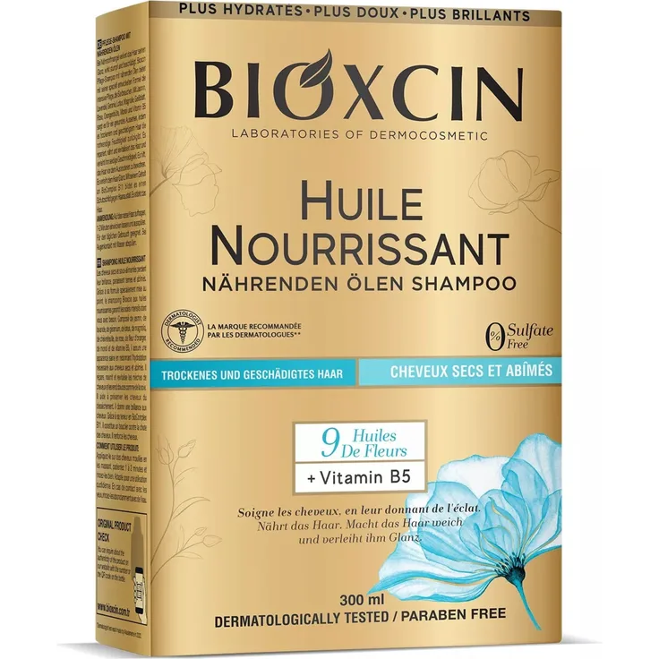 Bioxcin Nourishing Oils Shampoo für geschädigtes Haar, 300 ml mit 9 wertvollen Blütenölen und Vitamin B5