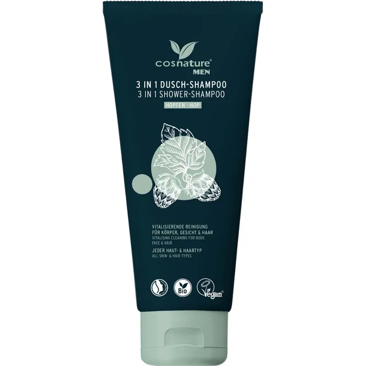Cosnature Men 3in1-Dusch-Shampoo Hopfen, 200ml, mit organischen Hopfen- und Bambusextrakten, vegan und ohne Duftstoffe