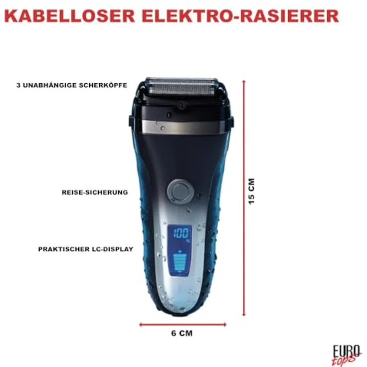 EUROtops Elektro-Rasierer Herren, 3 Klingen mit Trimmer, Nass & Trocken, Schnell-Laden, IPX7 wasserdicht – Bild 3
