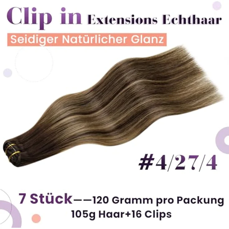 LaaVoo Clip in Echthaar Extensions, 55cm Haarverlängerung mit Balayage Dunkelbraun zu Karamellblond, 120g, 7pcs – Bild 3