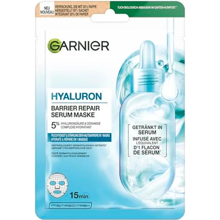 Garnier Hyaluron Barrier Repair Serum Maske, Tuchmaske mit 5% Hyaluronsäure und Ceramid zur Stärkung der Hautschutzbarriere