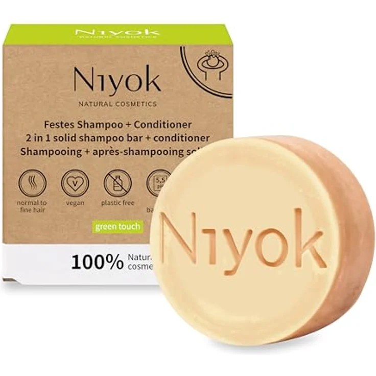 Niyok® 2-in-1 Festes Shampoo + Conditioner "Green Touch" (80g) • Vegane Haarseife • Nachhaltiges Shampoo & Spülung • Haarshampoo & Haarspülung • 100% Naturkosmetik • Plastikfrei & Vegan – Bild 1