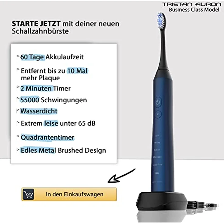 Tristan Auron Schallzahnbürste Business Class – Kompakte Schallzahnbürste mit UV-Box & 2 Bürstenköpfen – leise & wasserfest – für Reisen, Büro oder zuhause (Blau) – Bild 4