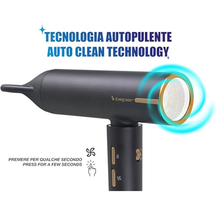 BEPER P301ASC010 Bürstenloser Haartrockner, 1800W, 3 Geschwindigkeiten, 3 Temperaturen, LED-Temperaturanzeige, selbstreinigendes Gitter, Schwarz, inkl. magnetischem Zubehör – Bild 5
