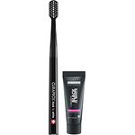 Curaprox Black is White Set für weiße Zähne, Zahnaufhellung mit schwarzer Zahncreme aus Aktivkohle, whitening toothpaste, 1x Zahnbürste und Zahnpasta 10ml
