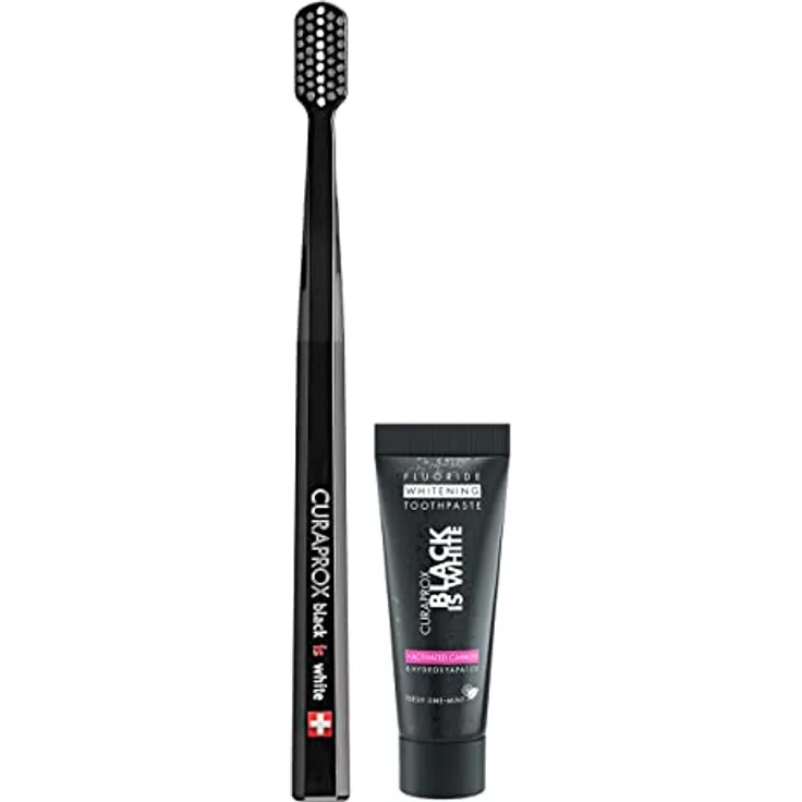 Curaprox Black is White Set für weiße Zähne, Zahnaufhellung mit schwarzer Zahncreme aus Aktivkohle, whitening toothpaste, 1x Zahnbürste und Zahnpasta 10ml