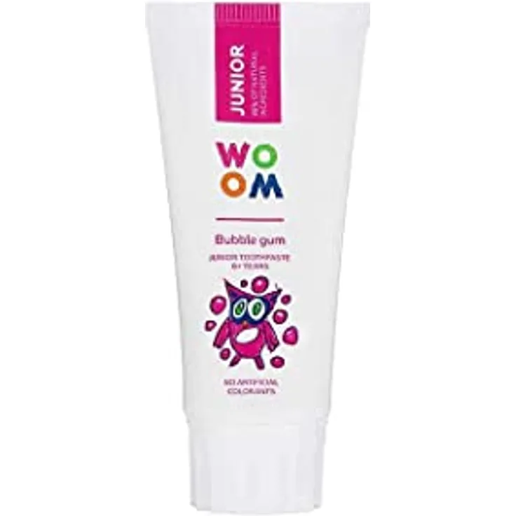 WOOM Junior Bubblegum Kinderzahnpasta, 50 ml, stärkt Zahnschmelz, schützt vor Karies, fruchtiger Geschmack