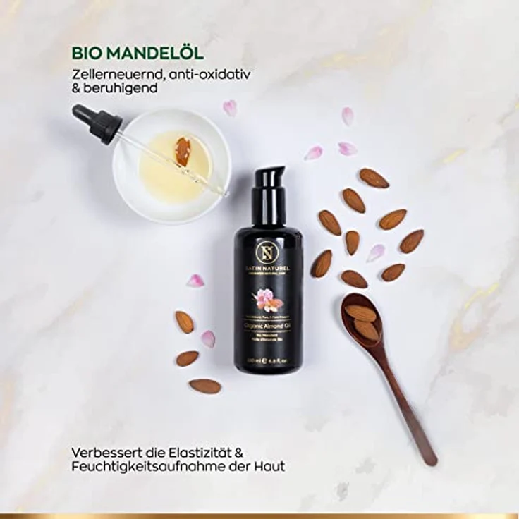 BIO Mandelöl 200ml - Kaltgepresstes, Natürliches Almond Oil - 100% rein & vegan - Ideal für Haut- und Körperpflege - Haaröl & Kopfhaut Pflege - für Aromatherapie und als Basisöl für Massageöl – Bild 3
