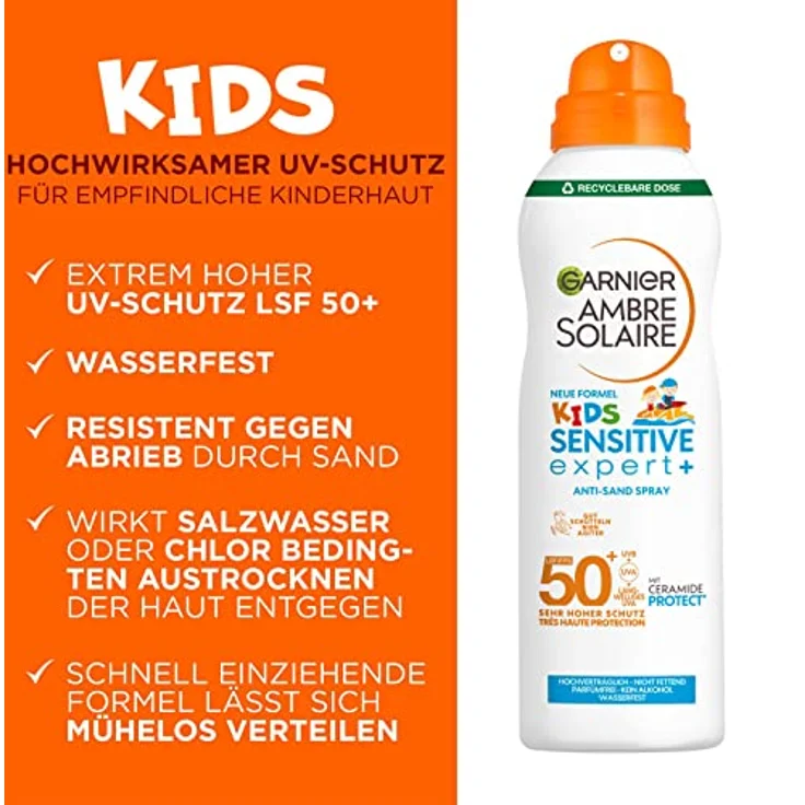 Garnier Sonnenspray LSF 50 für Kinder, Wasserfest und Sandabweisend, Ambre Solaire Kids Sensitive expert+ Anti-Sand Spray LSF 50+, 1 x 150 ml – Bild 2