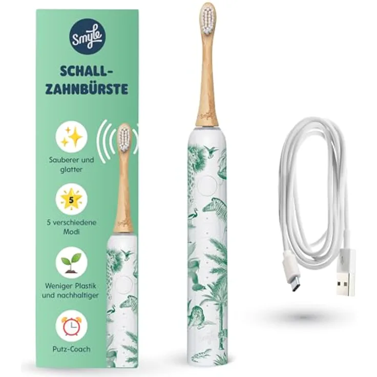 Smyle Schallzahnbürste Jungle-print – mit Sensor, 3 Monate Akkulaufzeit, USB-C-Ladegerät, intelligenter Timer, 5 Putzmodi, wasserdicht