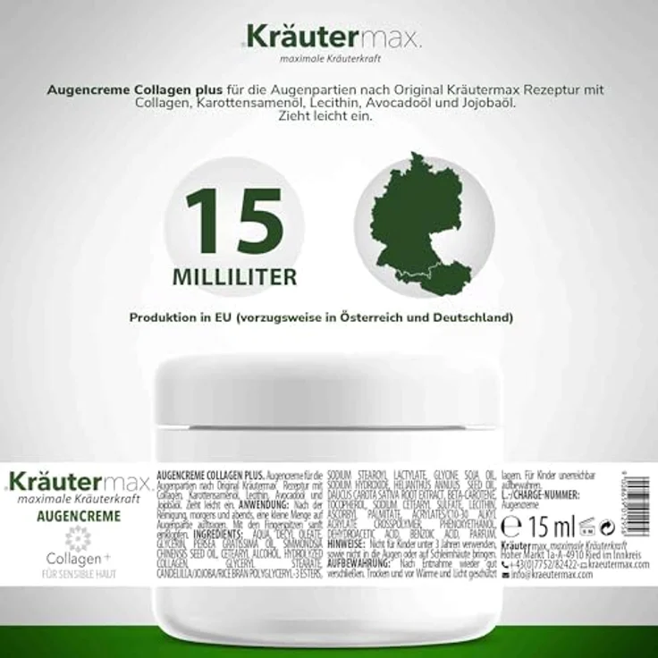 Kräutermax Collagen Augencreme, 15 ml, mit Lecithin, Karottensamenöl, Avocadoöl und Jojobaöl für sensible Haut – Bild 2