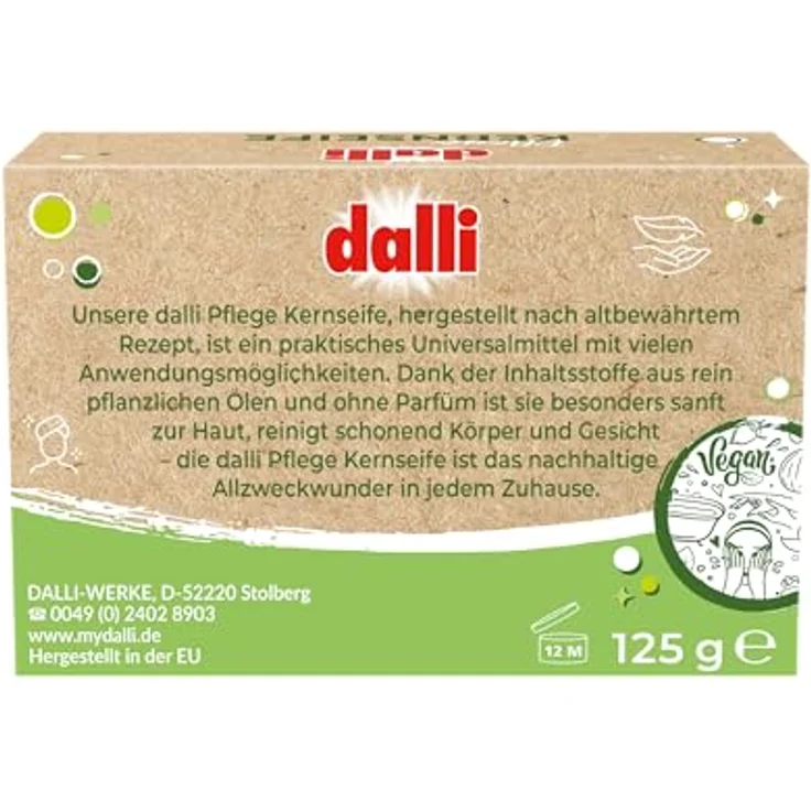 Dalli Pflanzliche Kernseife, 125 g in Faltschachtel, sanfte parfumfreie Gesichts- und Körperreinigung mit Kokosnuss- und Jojoba-Öl für empfindliche Haut – Bild 2