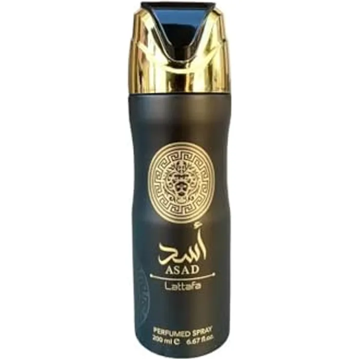 Lattafa Asad Parfümiertes Deospray für Männer, 6,7 Unzen mit Duftnoten von schwarzem Pfeffer, Ananas und Tabak