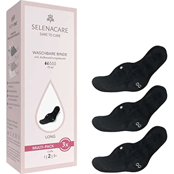 Selenacare Waschbare Binde Größe 2, 3er Multipack mit Aufbewahrungsbeutel - antibakteriell & geruchshemmend, 100% vegan, waschbar bei 30°