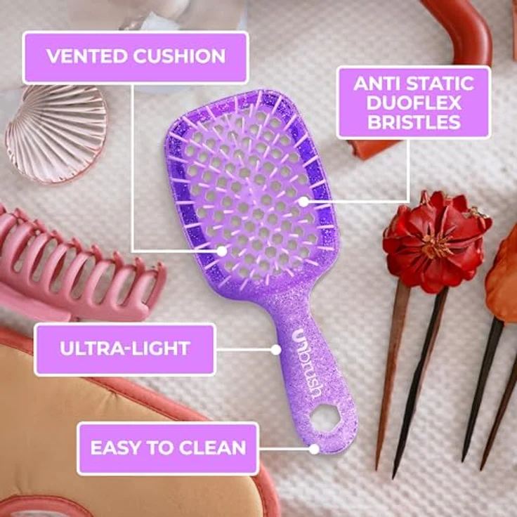 UNbrush Glitter Collection Detangling Hair Brush Mini, Amethyst Haarbürste mit doppelter Borstenlängen, kompakt für unterwegs – Bild 7