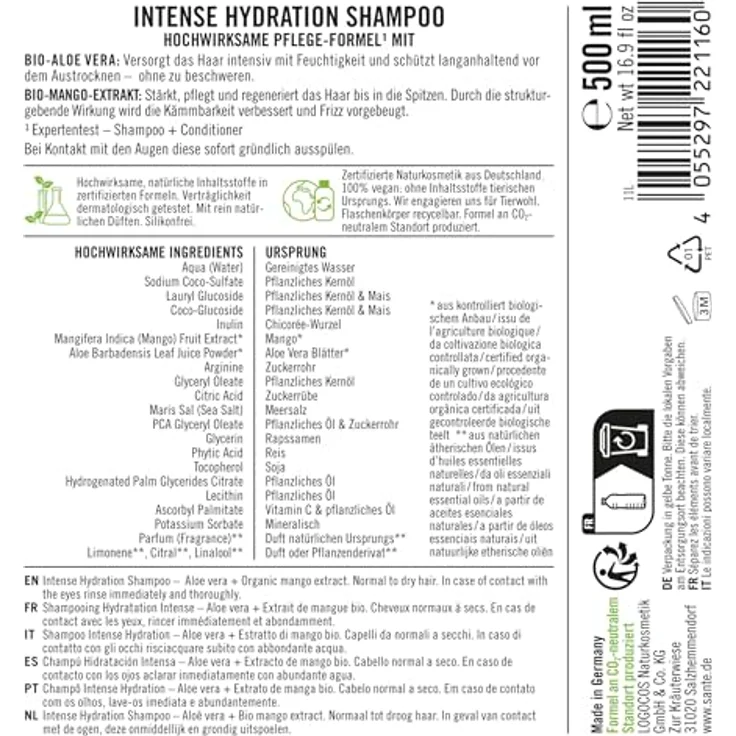 SANTE Naturkosmetik Intense Hydration Shampoo Aloe Vera + Mango-Extrakt, veganes Pflegeshampoo für intensive Feuchtigkeit, stärkt trockenes Haar, 500 ml – Bild 2