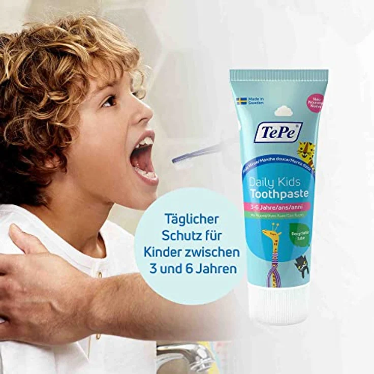 TePe Daily Kids Zahnpasta, milde Minze, 1000 ppm Fluorid, ohne SLS, für Kinder 3-6 Jahre – Bild 2