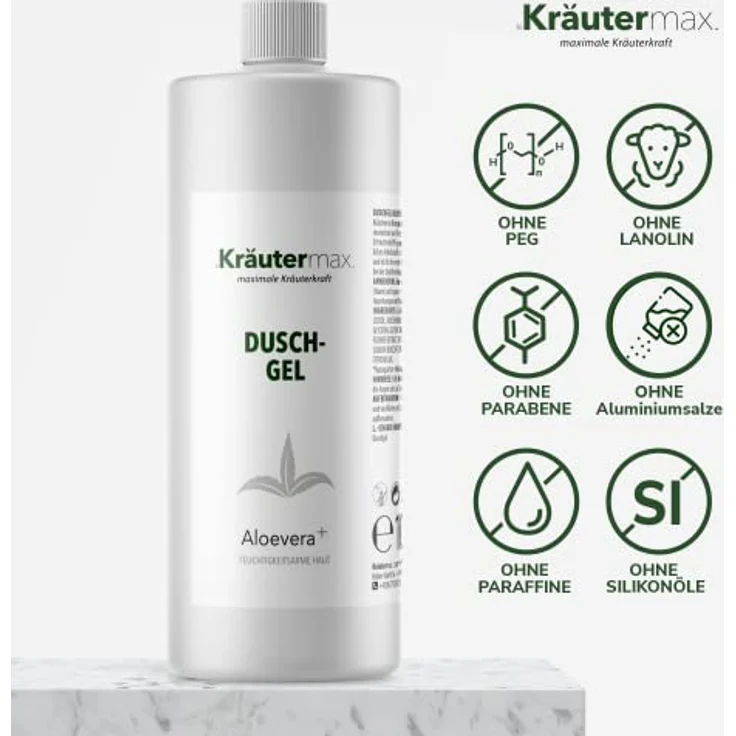 Kräutermax. Aloe Vera Duschgel Reinigungsgel für Körper und Haare, 1000 ml - Mit 100% Aloe Vera Gel, Kamille und Meersalz – Bild 2