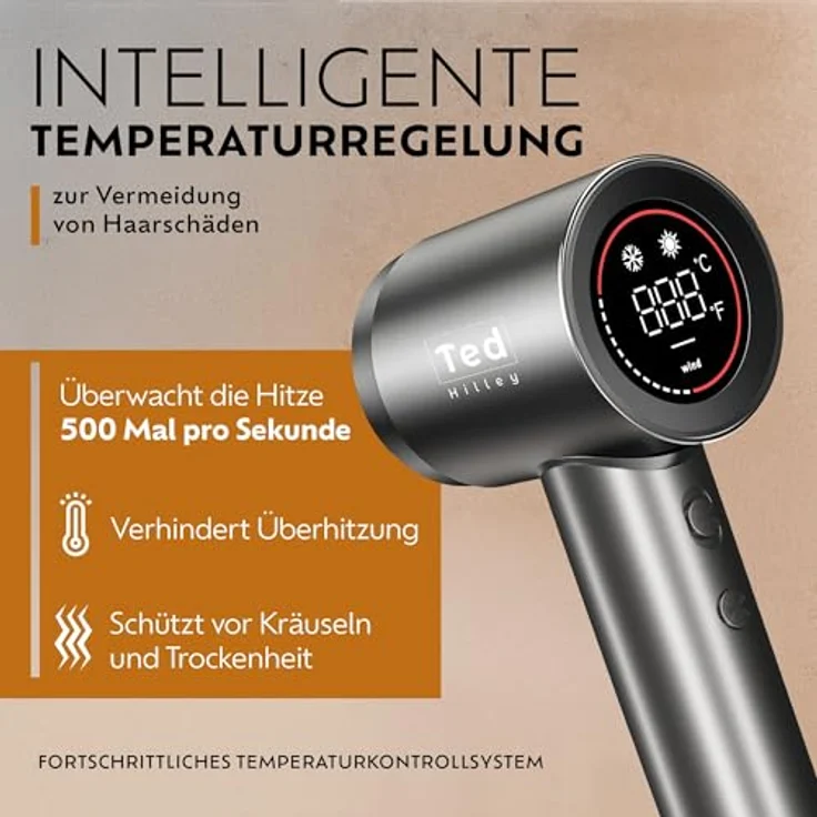 Ted Hilley Ionen Föhn mit Diffusor & High-Speed Motor, 5× schnellerer Haartrockner mit 5 Heizstufen, 2 Geschwindigkeiten, HD-Display, leicht & kompakt für Reisen – Bild 4