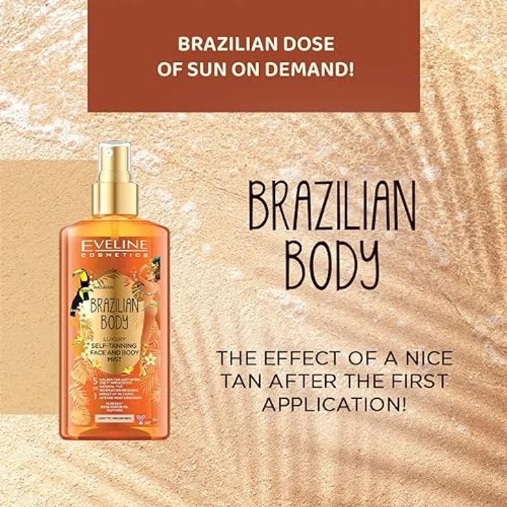 EVELINE COSMETICS Brazilian Body Luxuriöses Selbstbräunungsspray 5in1 für Gesicht & Körper Helle und dunkle Haut Sofortige Wirkung Sieben Tage anhaltende PureTan-Technologie pflanzliche Basis 150 ml – Bild 2