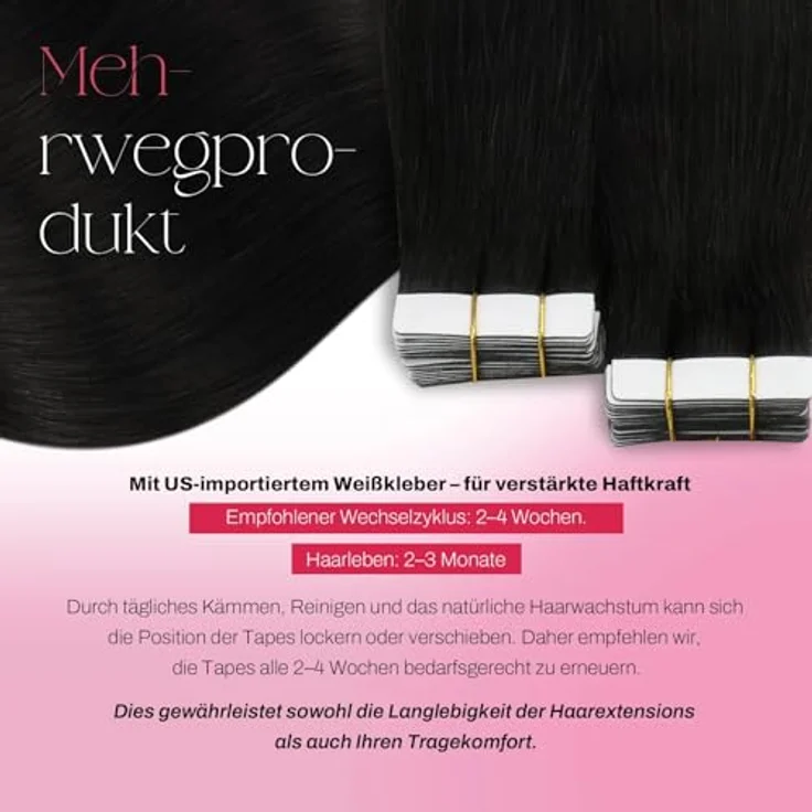 Moresoo Tape Echthaar Extensions Schwarz, 100% Remy Hair, Skin Weft, 20 Stück, 50 Gramm, 60 cm – Bild 3