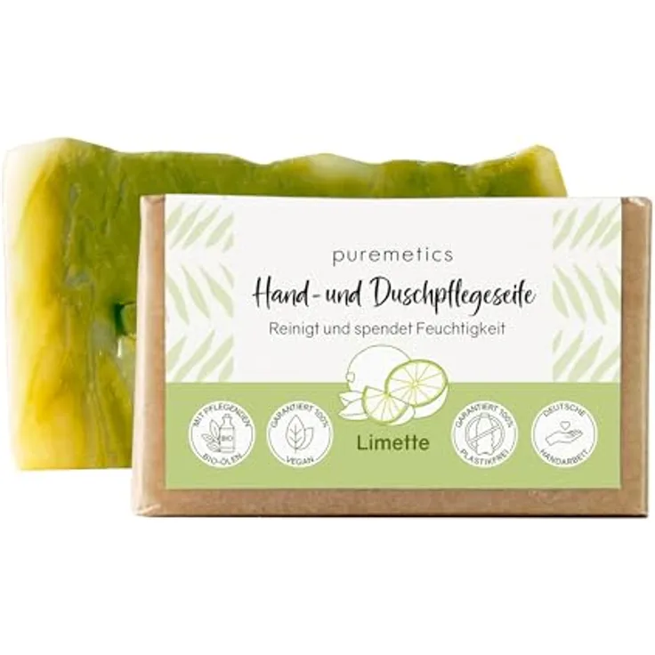 puremetics Hand- und Duschpflegeseife Limette, vegane Natur-Seife mit dezentem Limettenduft, 75 g