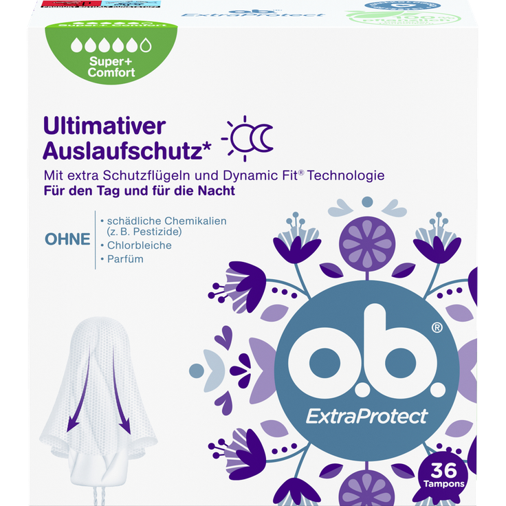 o.b. ExtraProtect Tampons Super+ Comfort, gynäkologisch getestet mit Dynamic Fit Technologie und extra Schutzflügeln für sehr starke Perioden